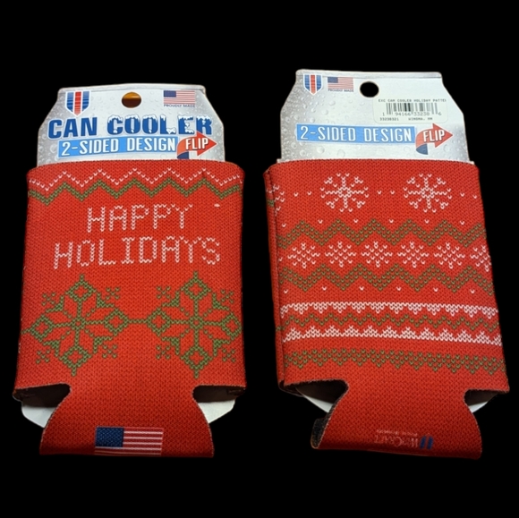 Happy Holidays 2 Sided Design Flip Can Cooler Koozie Set of 6 Red Green White - Picture 2 of 7